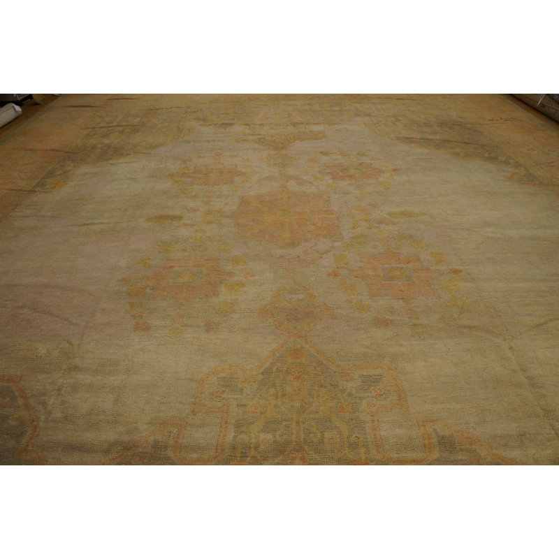 Wool Hand Knotted Pile Ivory Beige Cream White Large Floral Medallion Square Antique 1890s Rug