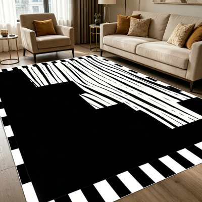 Tapis à rayures géométriques abstraites modernes 1pc noir et blanc pour le salon, doux et confortable, convient à toutes les saisons, facile à entretenir, tapis de sol intérieur lavable à la machine, sous la table pour l'entrée, la chambre à coucher, la salle à manger, la maison