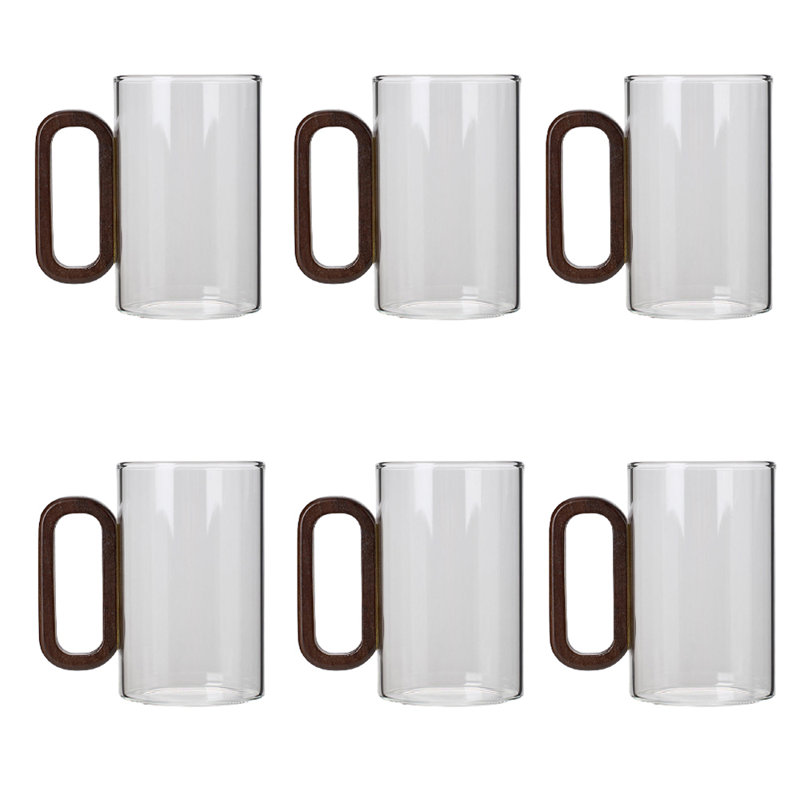 Borosilicate Glass Mugs Tea Cups with Wooden Handle, 6, Transparent