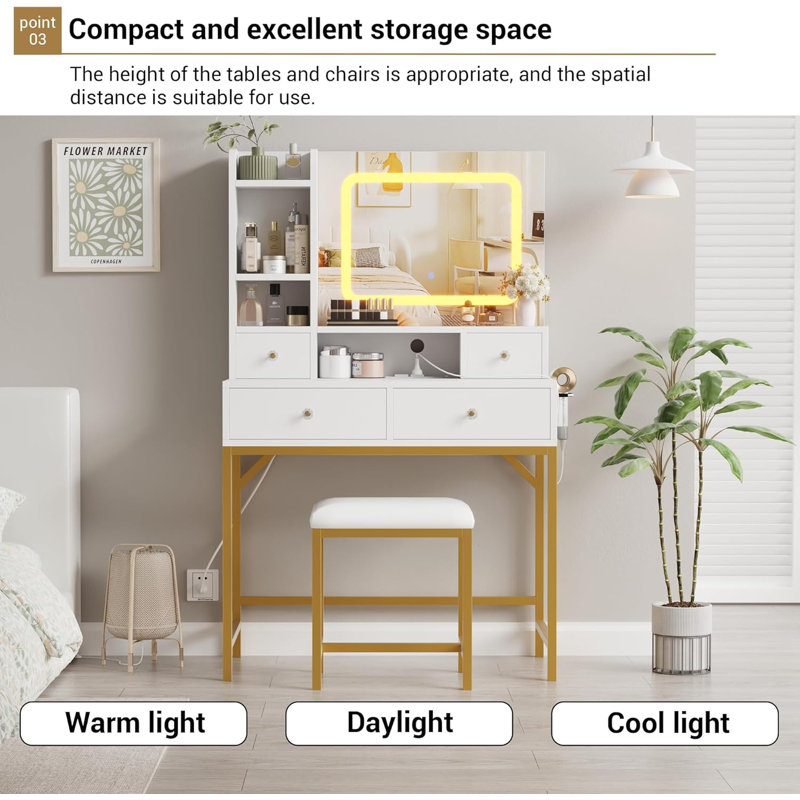 Bureau de maquillage avec miroir DEL et lumières, 3 modes de couleur, 4 tiroirs et 6 tablettes, station de charge intégrée avec ports USB, coiffeuse avec tabouret pour la chambre à coucher