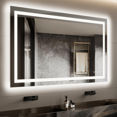 Miroir de salle de bain DEL 40x32, éclairage double (rétroéclairage et frontal), température de couleur 3CCT, intensité variable, traitement antibuée, verre trempé incassable, certifié ETL, fonction mémoire, miroir mural moderne sans cadre avec éclairage intégré.
