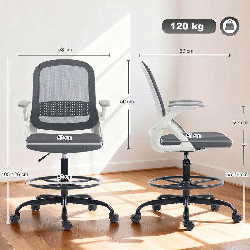Polyester, Mesh Drafting Chair, Grey, White/Black