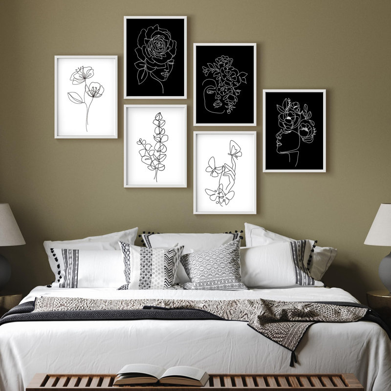 Art mural encadré, ensemble de décors de galerie, une ligne de dessins floraux, illustrations de décorations modernes pour le salon, la chambre à coucher, le bureau