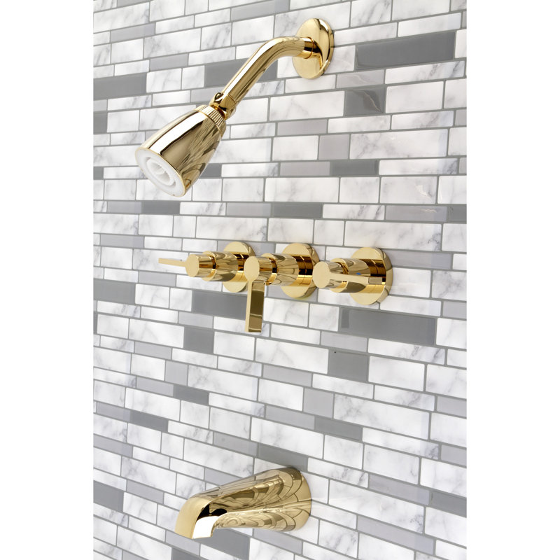 Kingston Brass NuvoFusion Triple-Handle Tub and Shower Faucet, Polished Brass