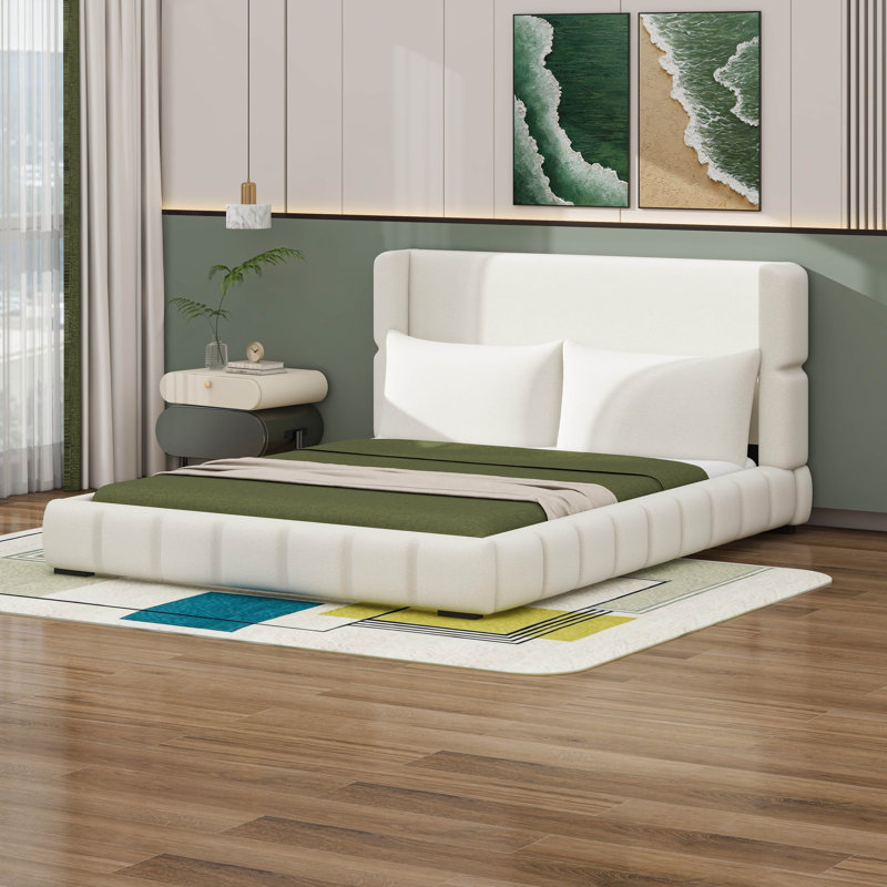 Lit plateforme tapissier avec 2 coussins, Blanc, Grand lit