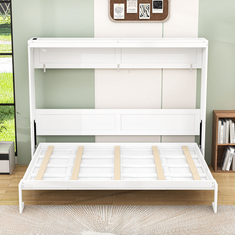 Lit escamotable en bois avec imprimé tendance, éclairage DEL et charge USB, Blanc, Grand lit