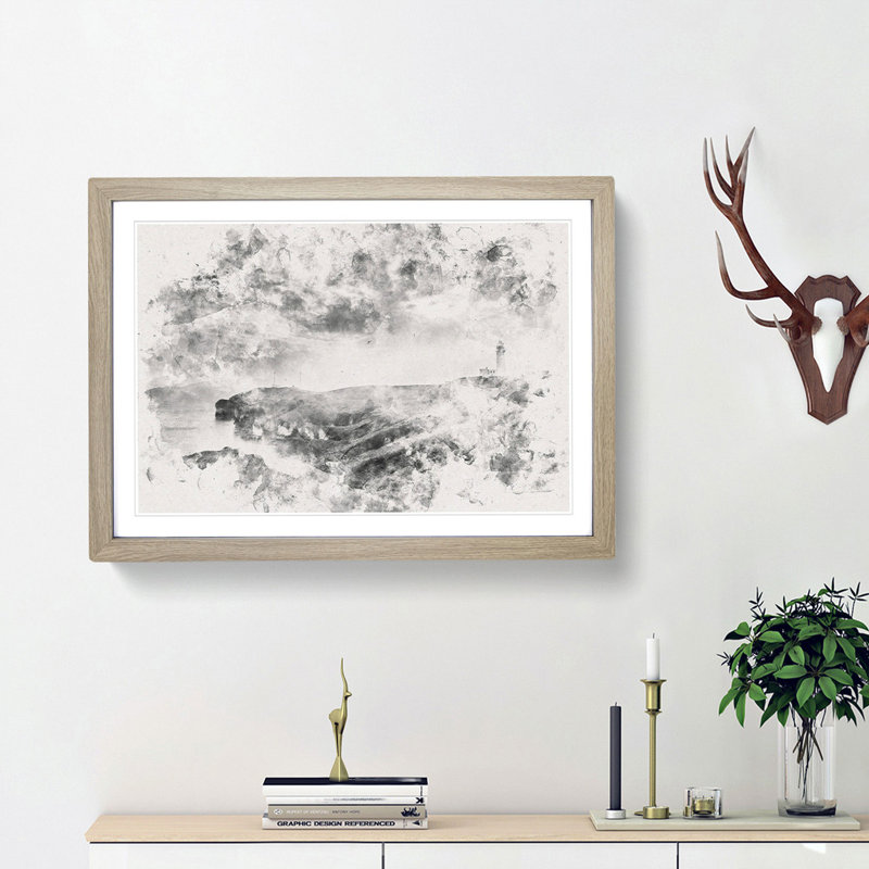Moody Lighthouse & Seascape - Framed Print, 33cm H x 45cm W x 2cm D, Oak Framed