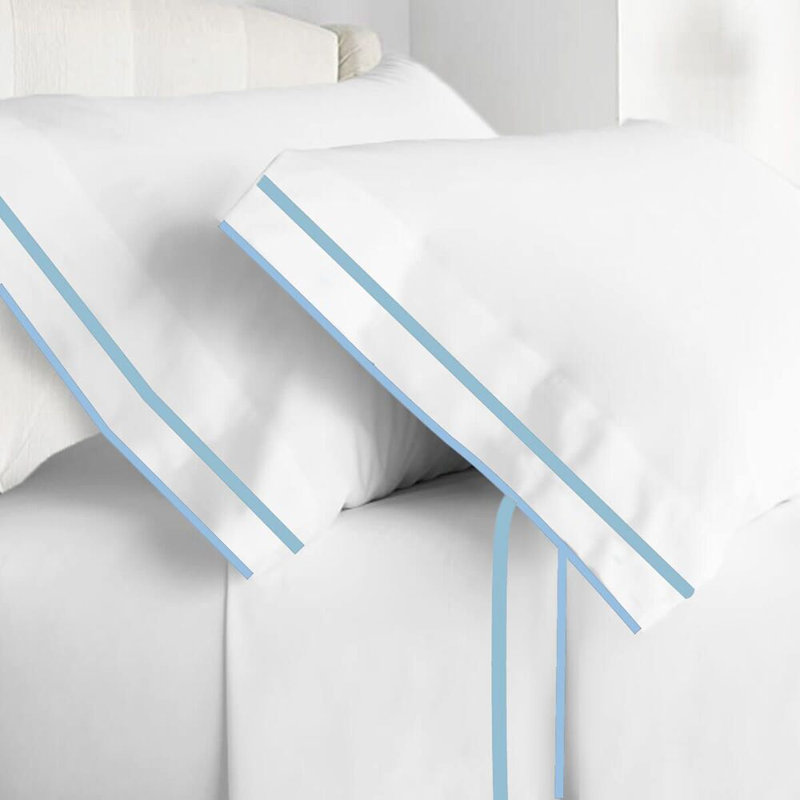 400TC Embroidery & Border Cotton 4 Piece Sheet Set Fitted Sheet Fits Upto 16" Deep Pocket, Light Blue