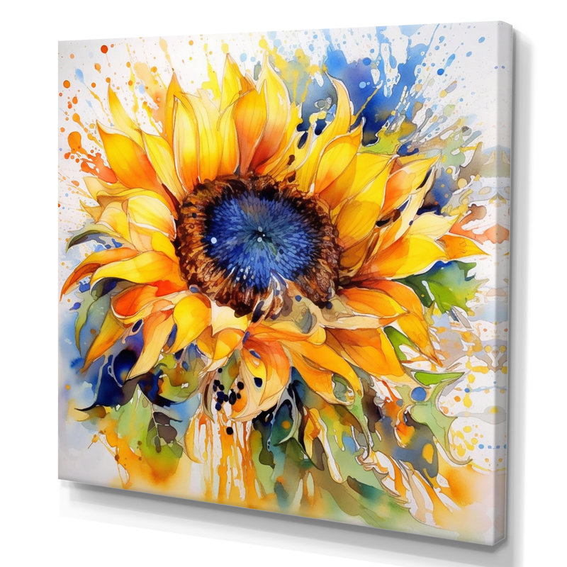 Yellow Blue Golden Cheerful Sunflowers - Floral Wall Art, 36" H x 36" W, No Frame, Wrapped Canvas