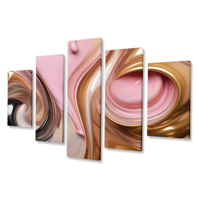 «Whimsical Lquid Pink and Gold Glam Art I», reproduction d'art abstraite, 5 panneaux