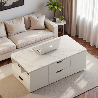 Modern Lift-up Coffee Table With 2 Stools, Hidden Storage, Drawers And Folding Dining Table