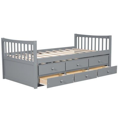 Twin Size Daybed with Trundle and 3 Drawers, Wooden Frame Guest Bed, Space Saving Sofa Bed for Bedroom, No Box Spring, Gray