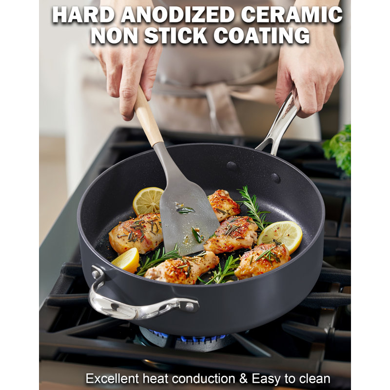 10.5-inch Black Aluminum Nonstick Deep Sauté Pan with Lid