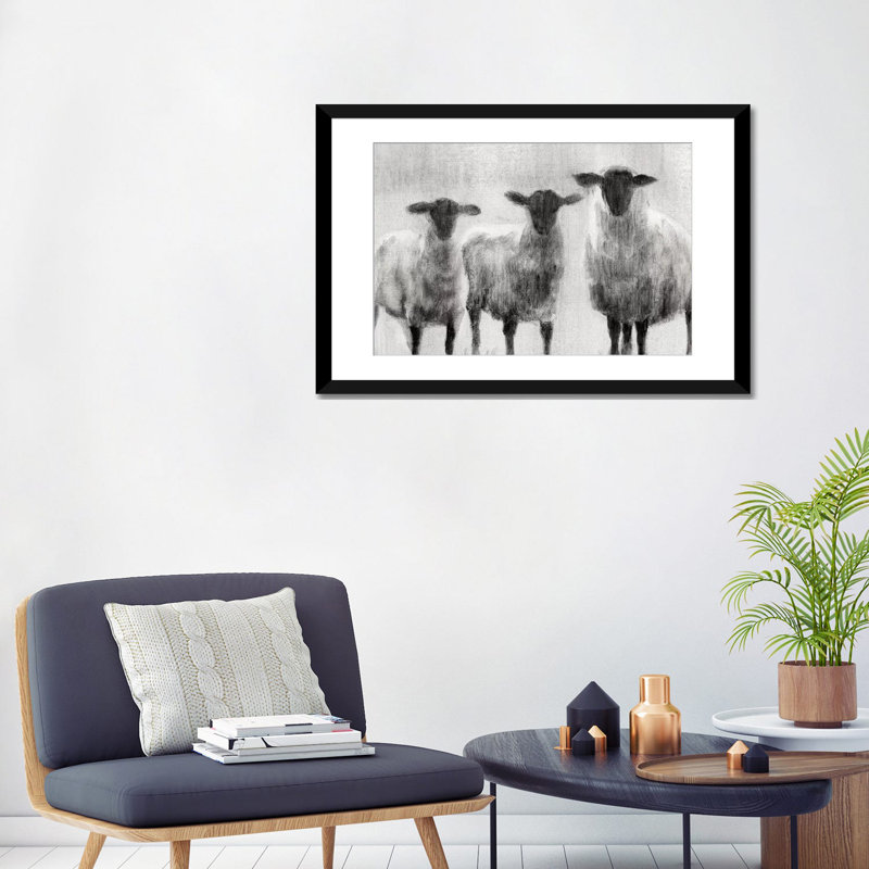 «Sheep I», reproduction sur toile, H 16 po x l 24 po x P 1 po, Papier d'art encadré noir, Blanc