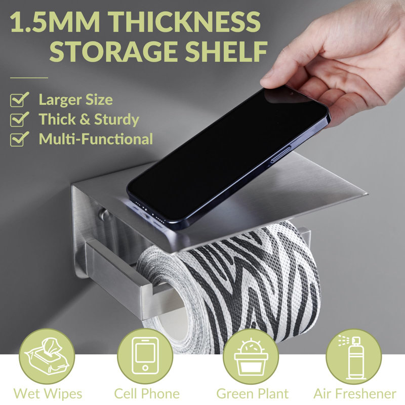 Brushed Nickel Stainless Steel Toilet Paper Holder with Phone Shelf