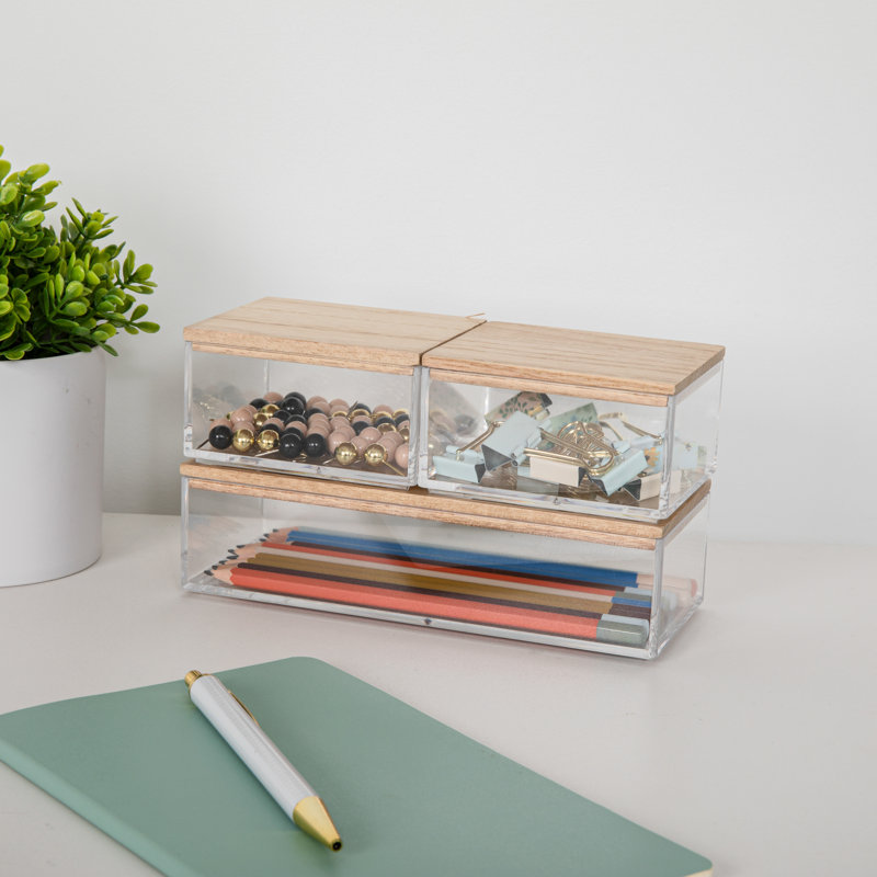 Clear Stackable Plastic Organizer Bins with Light Wood Lids, Set of 3