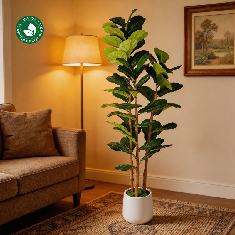 Figuier artificiel de 5,2 pi en pot blanc, décor de plante d'intérieur Real Touch