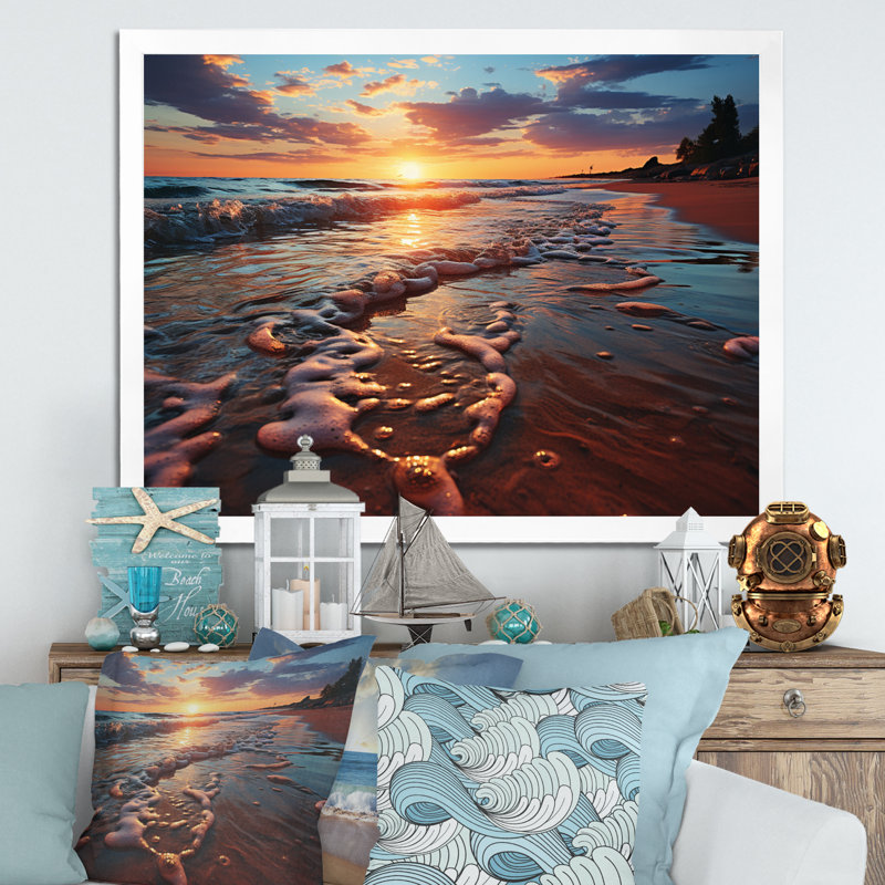 «Algird Sunset Beach Scenery I», reproduction sur toile, H 30 po x l 40 po x P 1,5 po, Cadre photo blanc