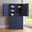 Grande armoire de rangement verticale bleue avec deux tiroirs et plusieurs tablettes réglables; Polyvalent pour la cuisine et la salle à manger.-1349429338
