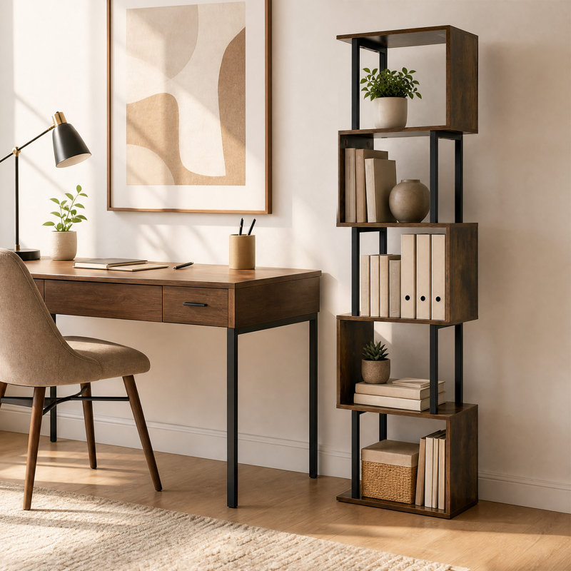 1 tablette en forme de S, bibliothèque géométrique à 5 niveaux, tablette d'angle pour bureau, brun rustique, Brun rustique