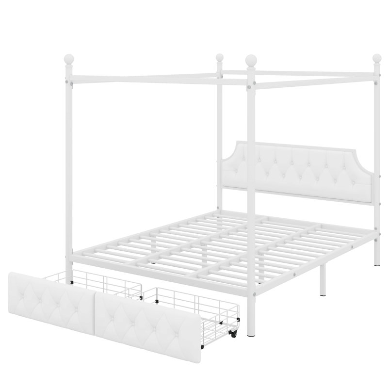 Lit plateforme à baldaquin avec tête de lit tapissier et deux tiroirs de rangement, Grand
