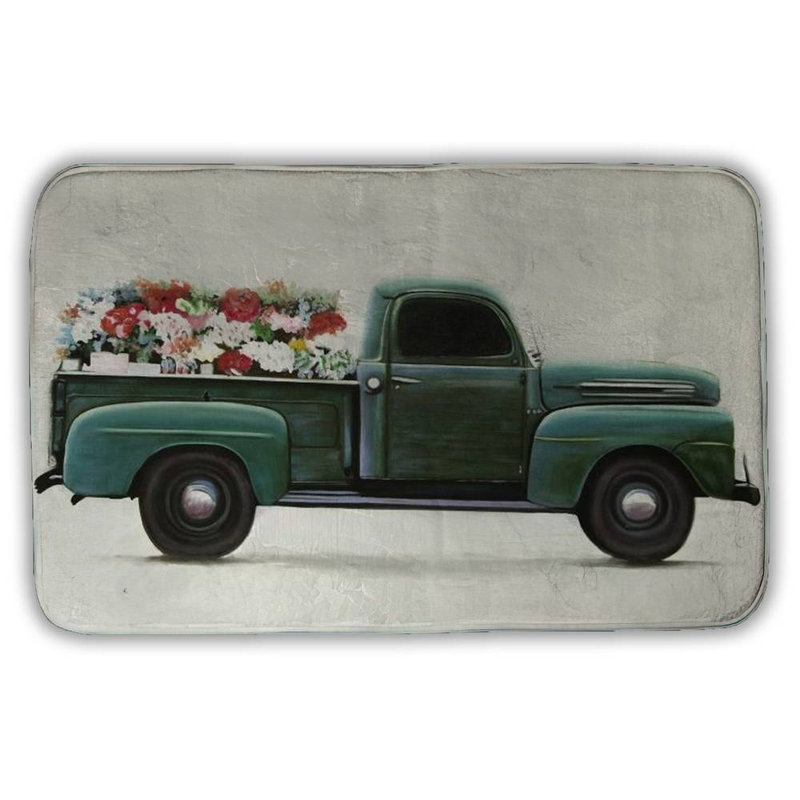 Flowers farm truck Bath Mat with Non-Slip Backing - Quick Dry Memory Foam Bathroom Rug - Absorbent - Modern Plush Spa-Style - Machine Washable