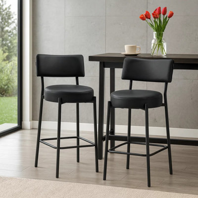 Bery Counter Height Chair Set Of 2, Faux Leather, Black Metal