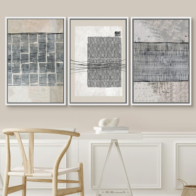 Geometric Line Black Tan Industrial Line Art Pattern Abstract Shapes Cozy Neutral Framed On Canvas 3 Pieces Print