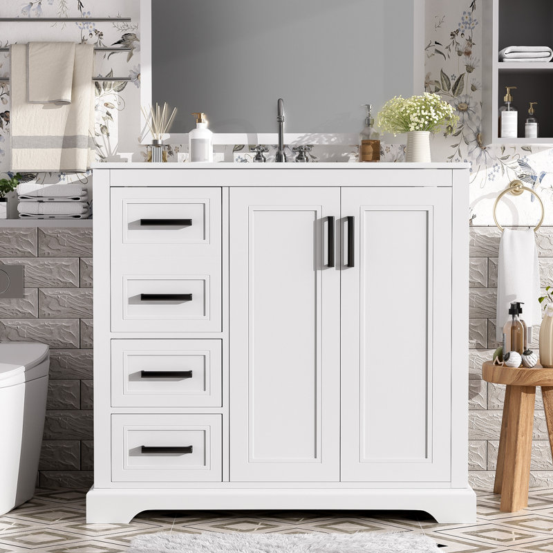 36" Single Bathroom Vanity With Ceramic Sink, White