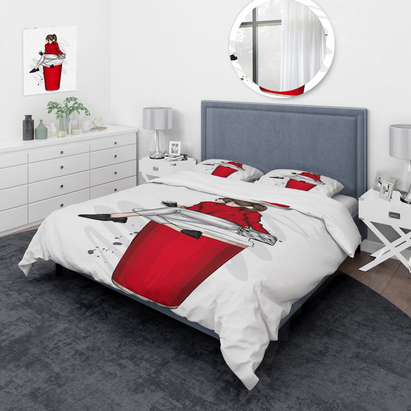 Fille avec un chandail rouge sur une tasse à café rouge - ensemble de housse de couette moderne - microfibre de polyester