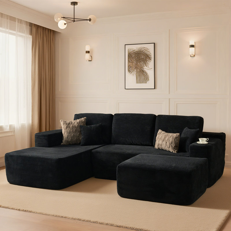 Canapé modulaire en velours côtelé avec repose-pieds 3 pièces Boneless Compression, Orienté à gauche (vu de face)