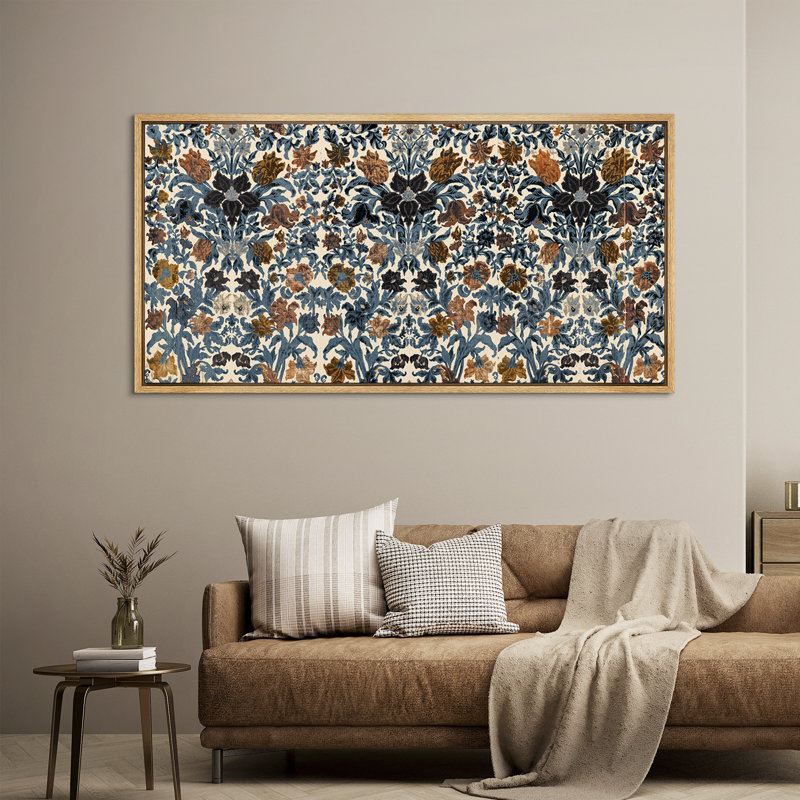 «Blue Brown Classic French Toile Botanicals», impression sur toile encadrée surdimensionnée, H 30 po x l 60 po, Naturel