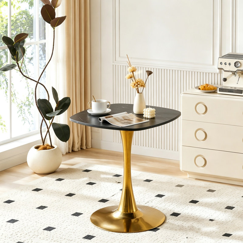 Table tulipe carrée 24 pouces avec base en métal, Doré et noir