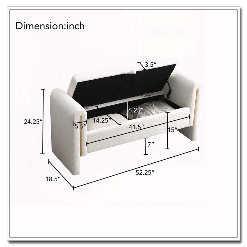 Banc de bout avec accoudoirs et rangement Modern, Crème