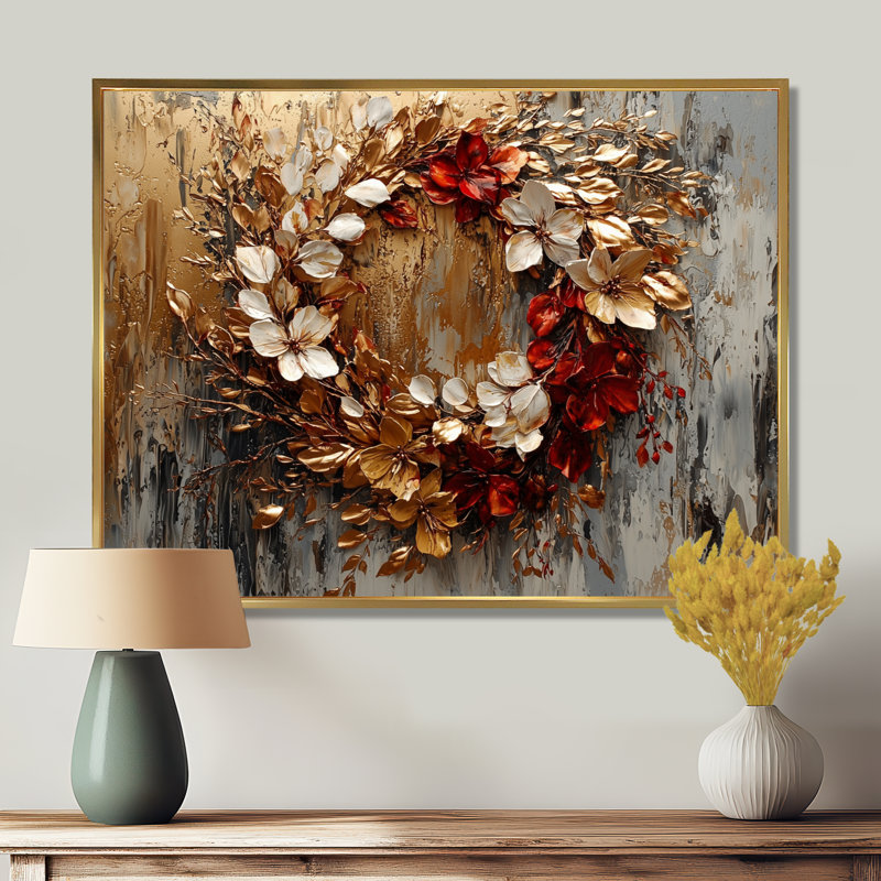 Ilionora Golden Vivid Wreath Spiral Of Petals - Couronne d'art mural, H 12 po x l 20 po, Impression encadrée flottante, Doré