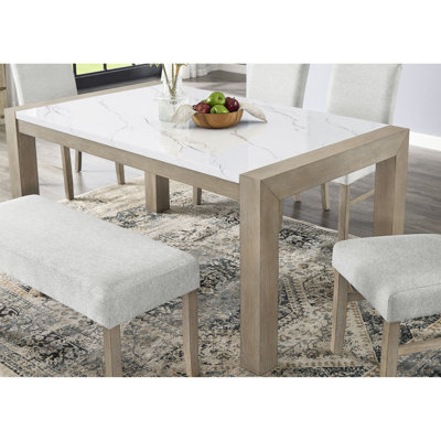 Table de salle à manger rectangulaire avec plateau en faux marbre blanc de 66 po, finition chêne, style, 6 places, 30 po de hauteur, + conception, 6 places