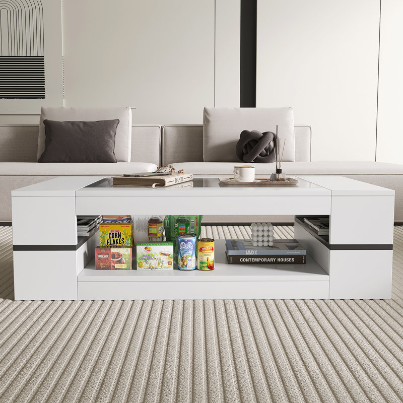 Table basse moderne avec dessus en verre et rangement pour salon, Blanc