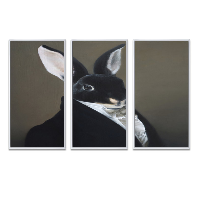 Portrait d'un lapin habillé - ensemble de 3 impressions sur toile à cadre flottant, H 28 po x l 36 po x P 1 po, Cadre blanc