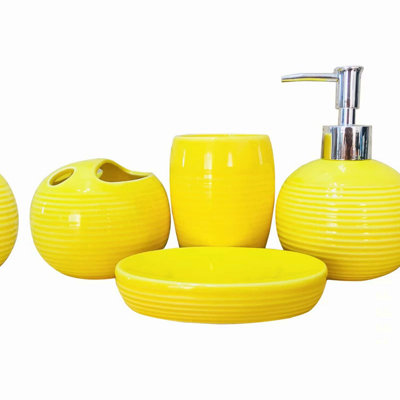 Sunshine Ceramic Bathroom Set - 4 Piece Yellow Accessory Collection with Toothbrush Holder, Lotion Dispenser, Soap Dish, and Cup
