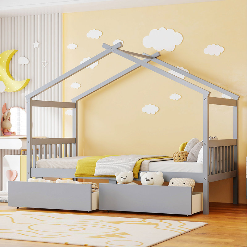 Lit en bois avec tiroirs, Gris, Lit simple