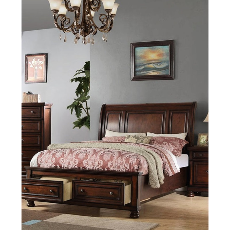 Cerisier - Très grand lit traditionnel tonique avec tête de lit à panneau et tiroirs de style fermeté tissés, California King