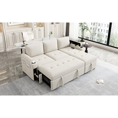 Convertible avec rangement dissimulé, porte-gobelets, ports, tiroirs de rangement modulaires en chenille beige,