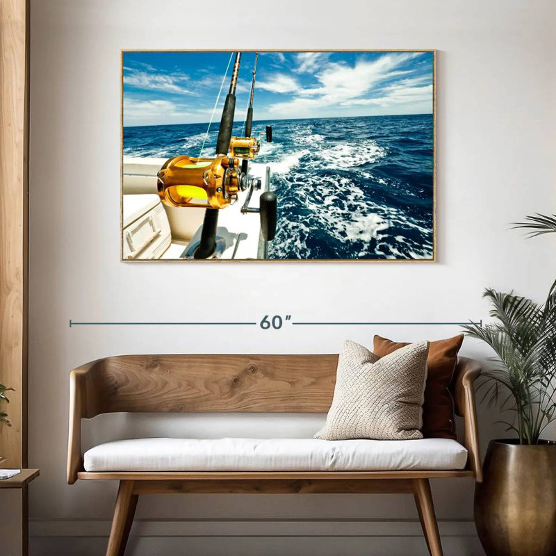 Moulinets de pêche en haute mer, Cadre flottant en bois naturel, 46 po x 31 po