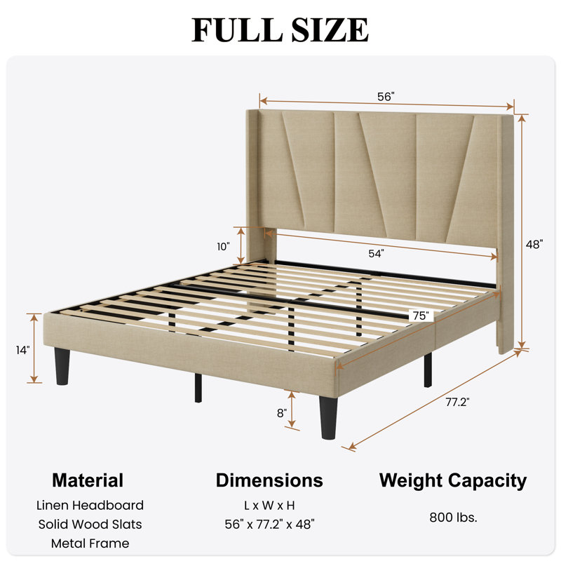 Canuto Upholstered Platform Bed with Wingback Headboard, Light Beige, Full