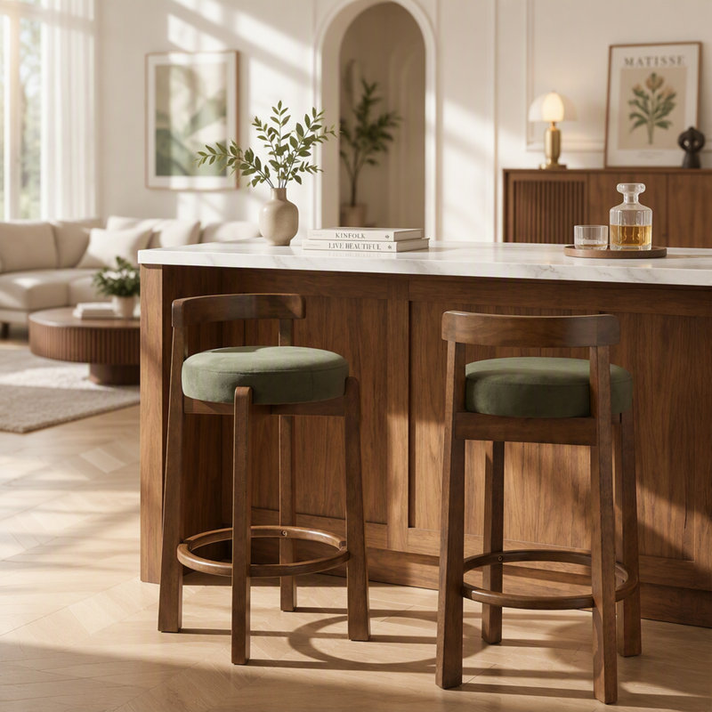 Ensemble de 2 tabourets de bar en bois d'hévéa à hauteur de comptoir avec repose-pieds, finition noyer foncé et revêtement vert Elise