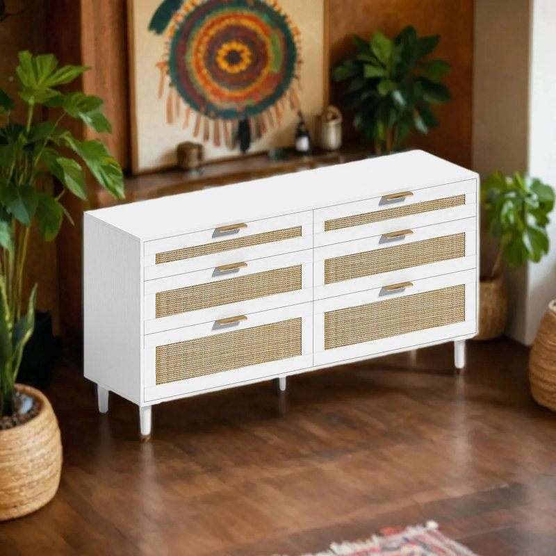 59" Rattan Dresser With Drawers, White