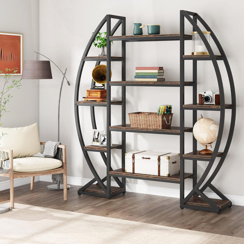 55" Triple Wide Oval Industrial Gray Etagere Bookcase, Rustic Brown