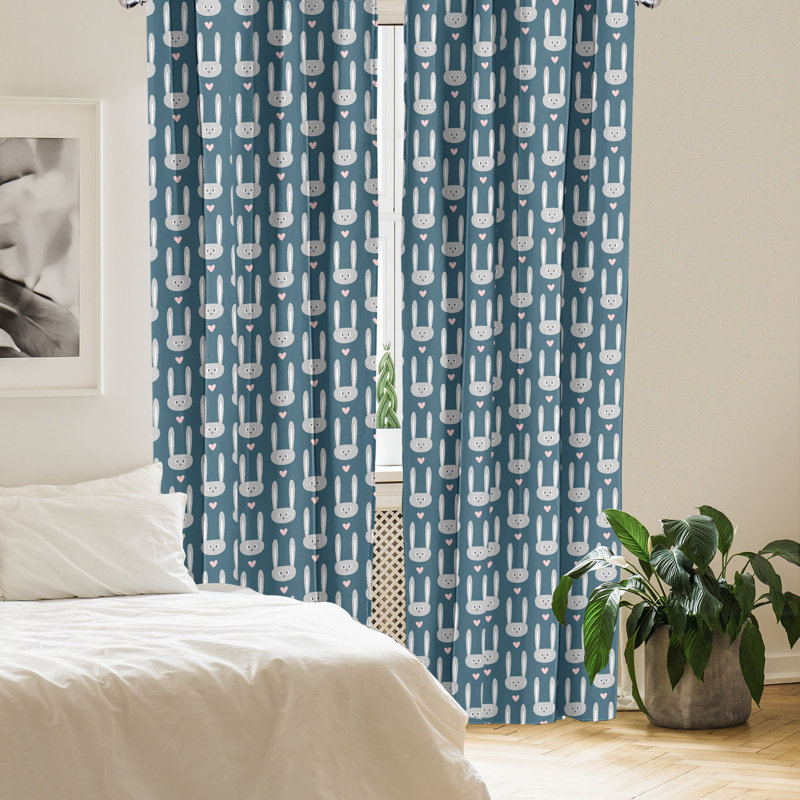 East Urban Home Cartoon 4-Panel Curtains, Funny Rabbit Faces Hearts, Dark Teal Pale Grey Rose, 56" W x 63" L