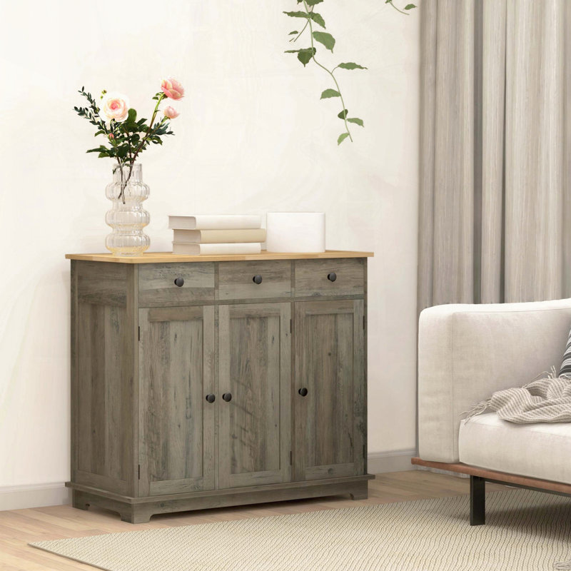 Distressed Gray Sideboard with Wood Top, Gray