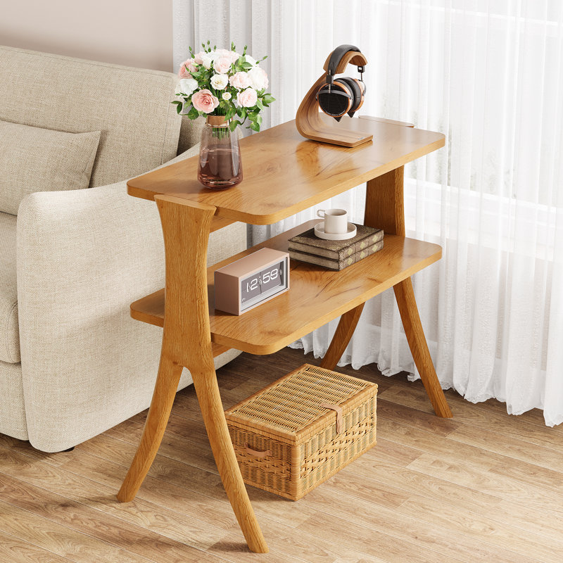 24.6'' Tall End Table Side Table With 2-Tier Storage Shelves And Solid Wood Legs, Warm Brown